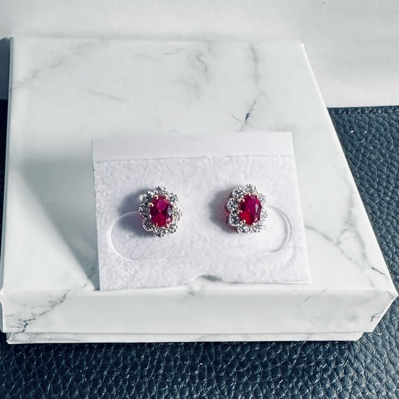 Synthetic Ruby and CZ Stud Earrings Classic Earrings Never goes out of style. - Picture 4 of 5